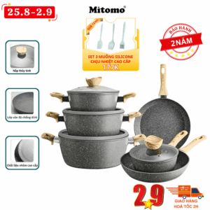 Bộ nồi chảo vân đá 6 món chống dính cao cấp Mitomo Queen Time Màu Ghi, dùng cho bếp từ, bếp ga