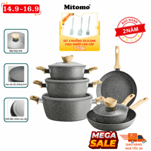 Bộ nồi chảo vân đá 6 món chống dính cao cấp Mitomo Queen Time Màu Ghi, dùng cho bếp từ, bếp ga