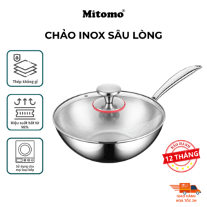 Chảo Inox Sâu Lòng Cao Cấp Mitomo Size 24 - Inox 316 Nguyên Khối - Chống Dính Tự Nhiên - Cấu Tạo 7 Lớp Bắt Từ Siêu Nhanh