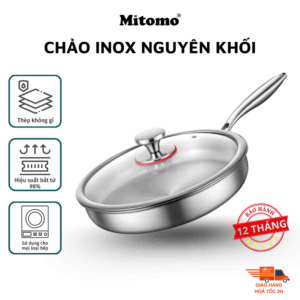 Chảo Inox Chống Dính Cao Cấp Mitomo Size 28 - Inox 316 Nguyên Khối - Chống Dính Tự Nhiên - Cấu Tạo 7 Lớp Bắt Từ Siêu Nhanh