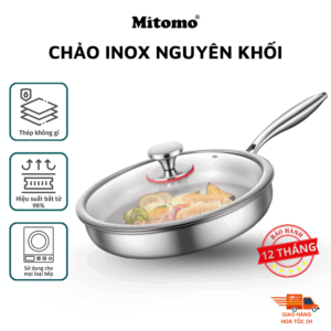 Chảo Inox Chống Dính Cao Cấp Mitomo Size 24 - Inox 316 Nguyên Khối - Chống Dính Tự Nhiên - Cấu Tạo 7 Lớp Bắt Từ Siêu Nhanh