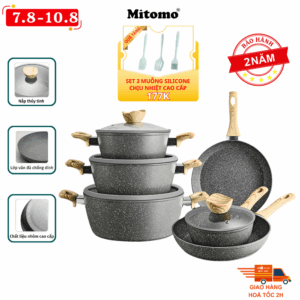 Bộ nồi chảo vân đá 6 món chống dính cao cấp Mitomo Queen Time Màu Ghi, dùng cho bếp từ, bếp ga