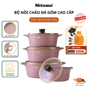Bộ nồi chảo đá gốm cao cấp Mitomo DSP CA018-S01-Pink, chống dính vượt trội, an toàn sức khỏe