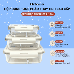Bộ 3 Hộp Thủy Tinh Đựng Thực Phẩm Hình Chữ Nhật 2 Ngăn Mitomo – Đa Năng, Chịu Nhiệt Tốt
