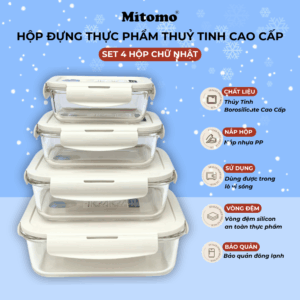 Bộ 4 Hộp Thủy Tinh Đựng Thực Phẩm Hình Chữ Nhật Mitomo – Đa Năng, Chịu Nhiệt Tốt