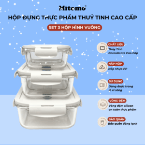 Bộ 3 Hộp Thủy Tinh Hình Vuông Mitomo – Đa Năng, Chịu Nhiệt Tốt, An Toàn Tuyệt Đối