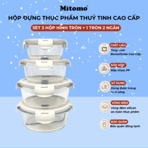 Bộ 4 Hộp Thủy Tinh Hình Tròn Mitomo – Đa Dung Tích, Chịu Nhiệt Tốt, Kín Hơi