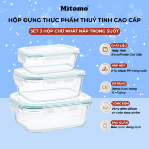 Bộ 3 Hộp Bảo Quản Thủy Tinh Hình Chữ Nhật Mitomo – Nắp Trong Suốt - Chống Tràn - Chịu Nhiệt Tốt