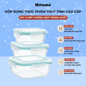 Bộ 3 Hộp Bảo Quản Thủy Tinh Hình Vuông Mitomo – Nắp Trong Suốt -  Chống Tràn - Chịu Nhiệt Tốt