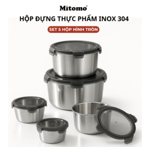 Bộ 5 Hộp Bảo Quản Thực Phẩm Inox 304 Hình Tròn – Kín Hơi, Bền Đẹp, Tiện Lợi